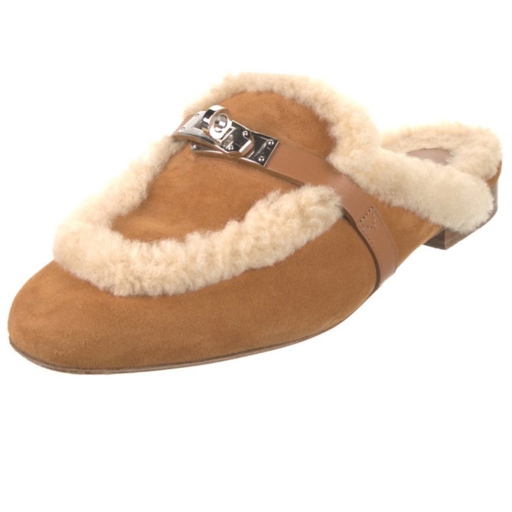 Hermès Cream Suede Shearling Slippers - Picture 2 of 13